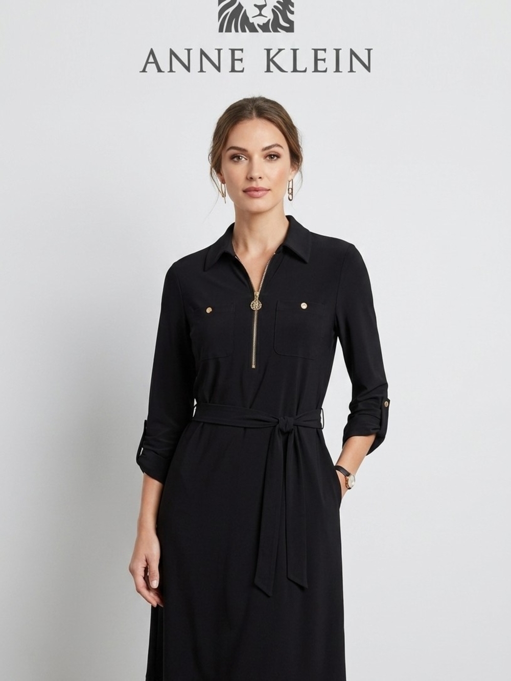 Anne Klein Black Shirt Dress with Gold Zip and Tie❤️ new dress without tags